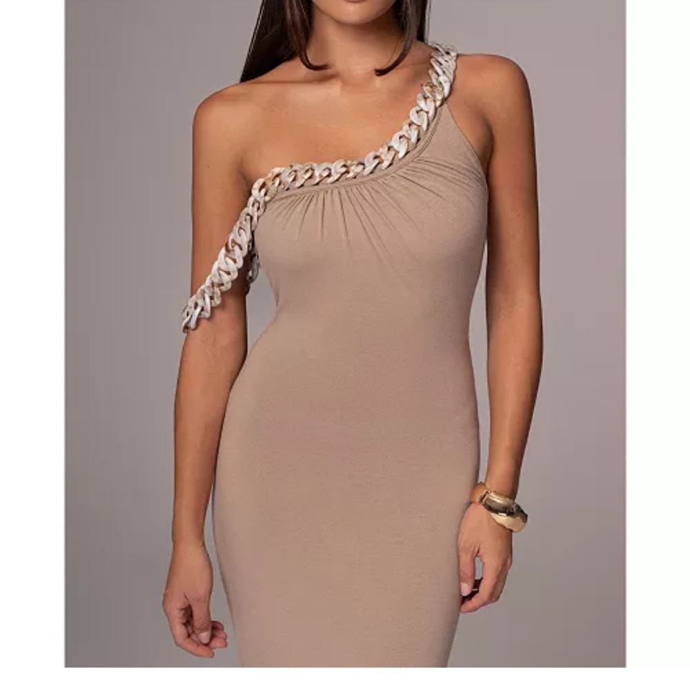 JLUXLABEL Beige One-Shoulder Dress with Chain Accent